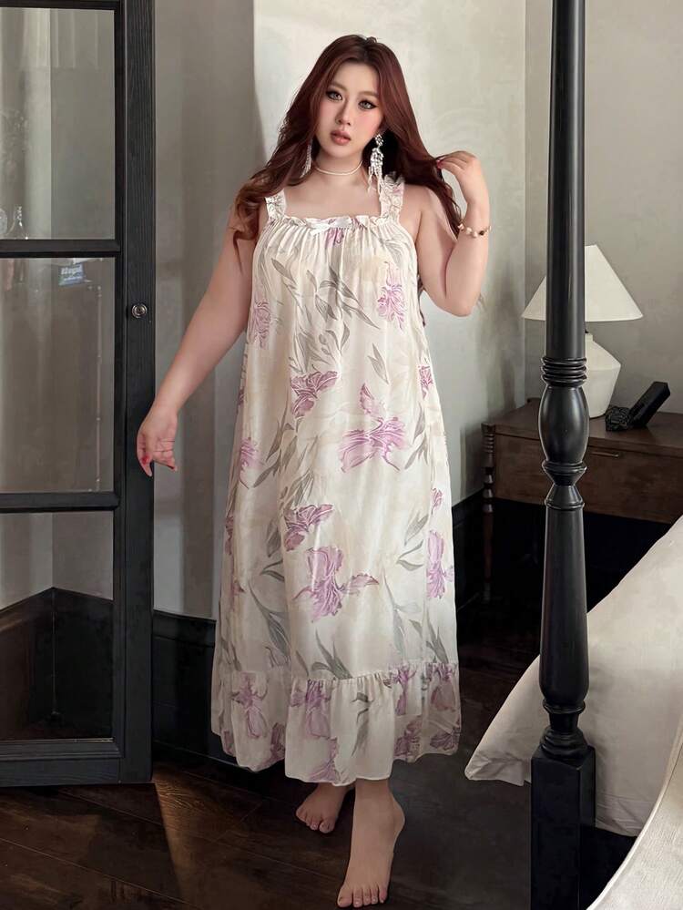 Dazy Plus Floral Print Sleeveless Dress, Elegant Plus Size Women Summer Nightgown Loungewear