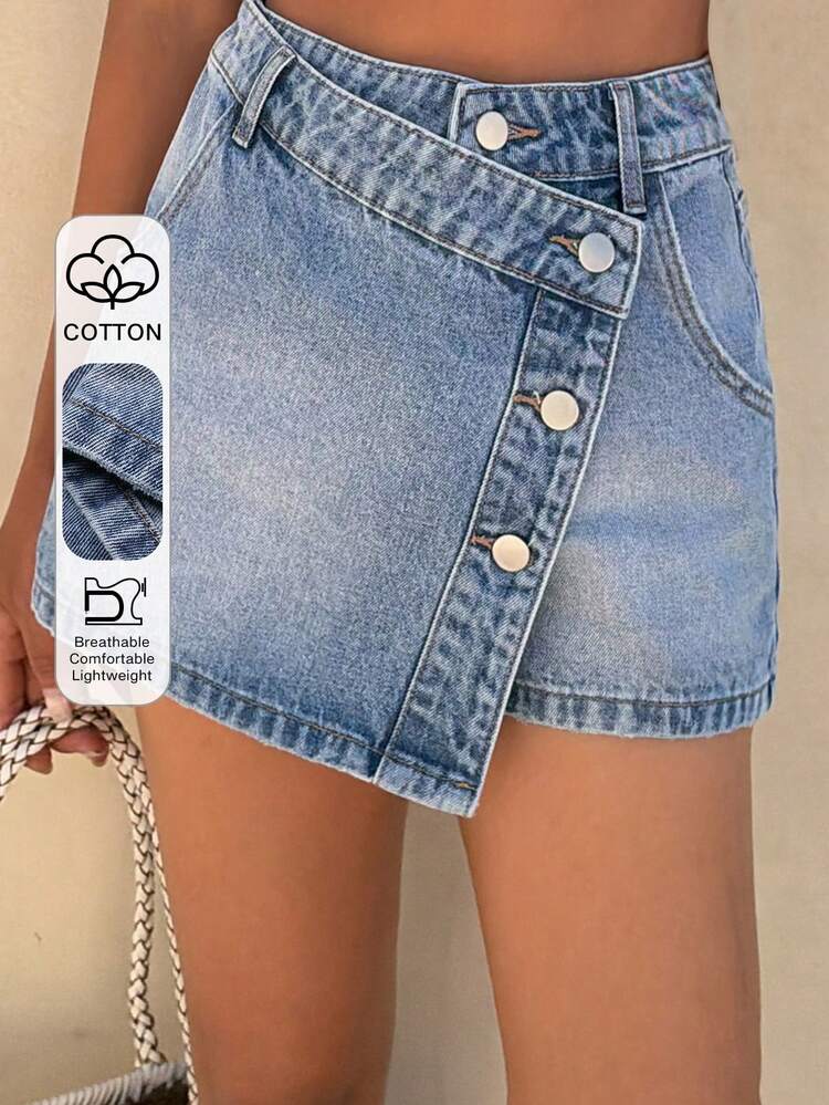 Women's Low Waist Side Button Decor Casual Denim Shorts Jorts