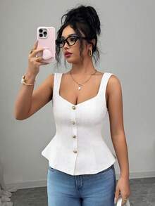 Elenzga Áo tank top nữ thời trang thanh lịch, màu trơn, cổ vuông, cài cúc phía trước, xếp ly ở eo, ôm sát, dây đeo rộng. - trắng - Xem 3