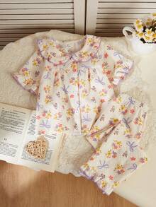 Genkimix Kids Bộ đồ ngủ cho bé gái, thoải mái và thời trang với họa tiết hoa và viền bèo nhún, gồm áo tay ngắn và quần dài, bộ đồ mặc nhà 2 mảnh. - Màu be - Xem 6