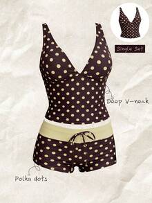 Elavelle Top de bikini de mujer con cuello en V profundo y estampado aleatorio, para primavera/verano - Multicolor - Ver 1