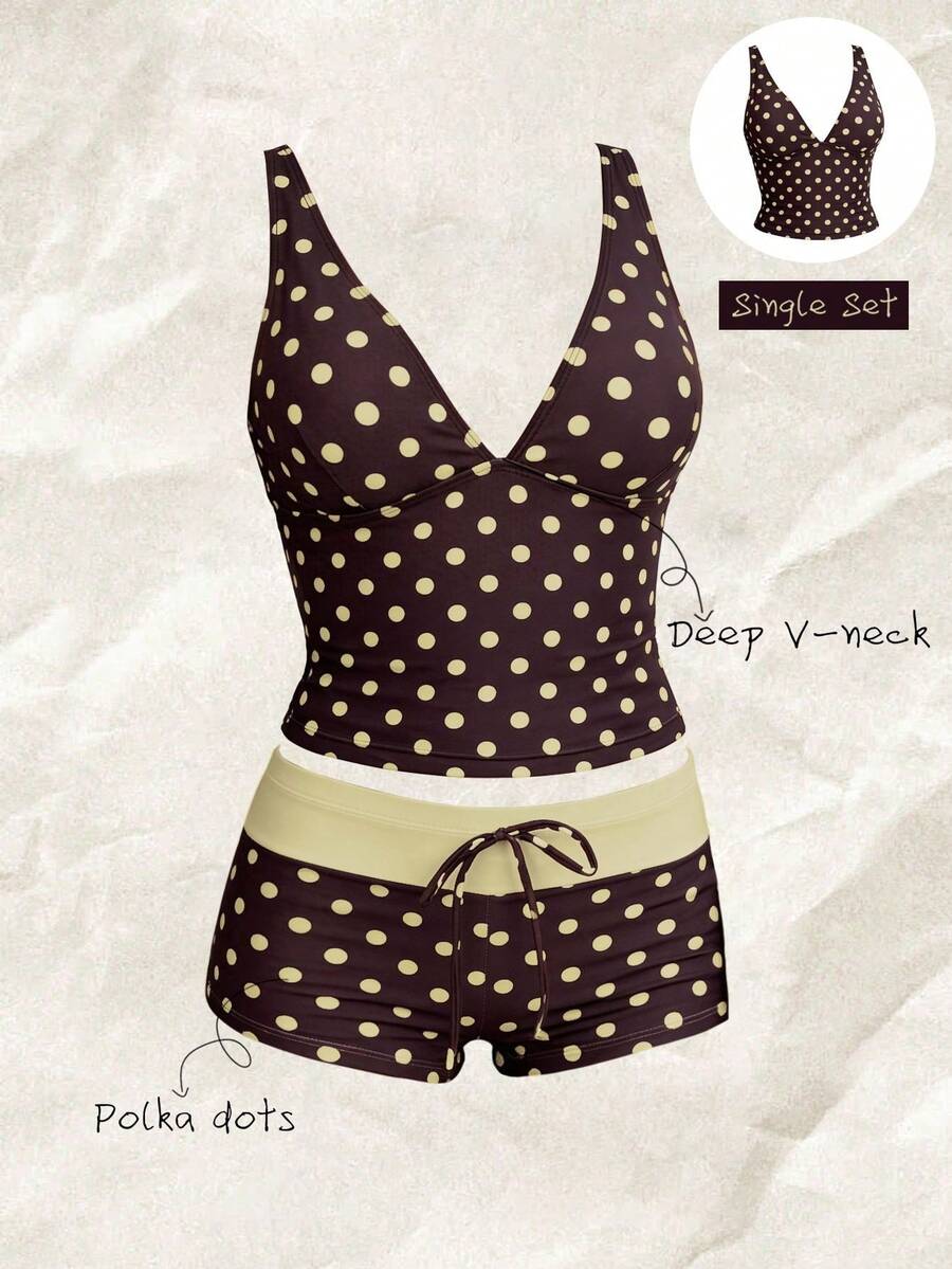 Elavelle Top de bikini de mujer con cuello en V profundo y estampado aleatorio, para primavera/verano - Multicolor - Ver 1