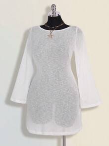 SHEIN ICON 大码女士纯色薄纱沙滩度假连衣裙 - 白色 - 查看 7