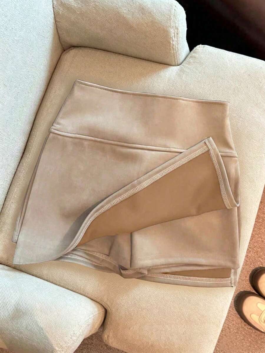 Franclia Petite Váy ngắn chữ A xẻ tà lưng cao bằng nhung da lộn thời trang mới, dành cho nữ mùa xuân/thu - Màu Khaki - Xem 1
