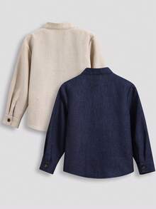 SHEIN 兒童 2 件組小男孩風寬鬆梭織襯衫，夏季親子款領口純色長袖上衣，適合上學、度假與運動穿著 - 彩色 - 查看 2