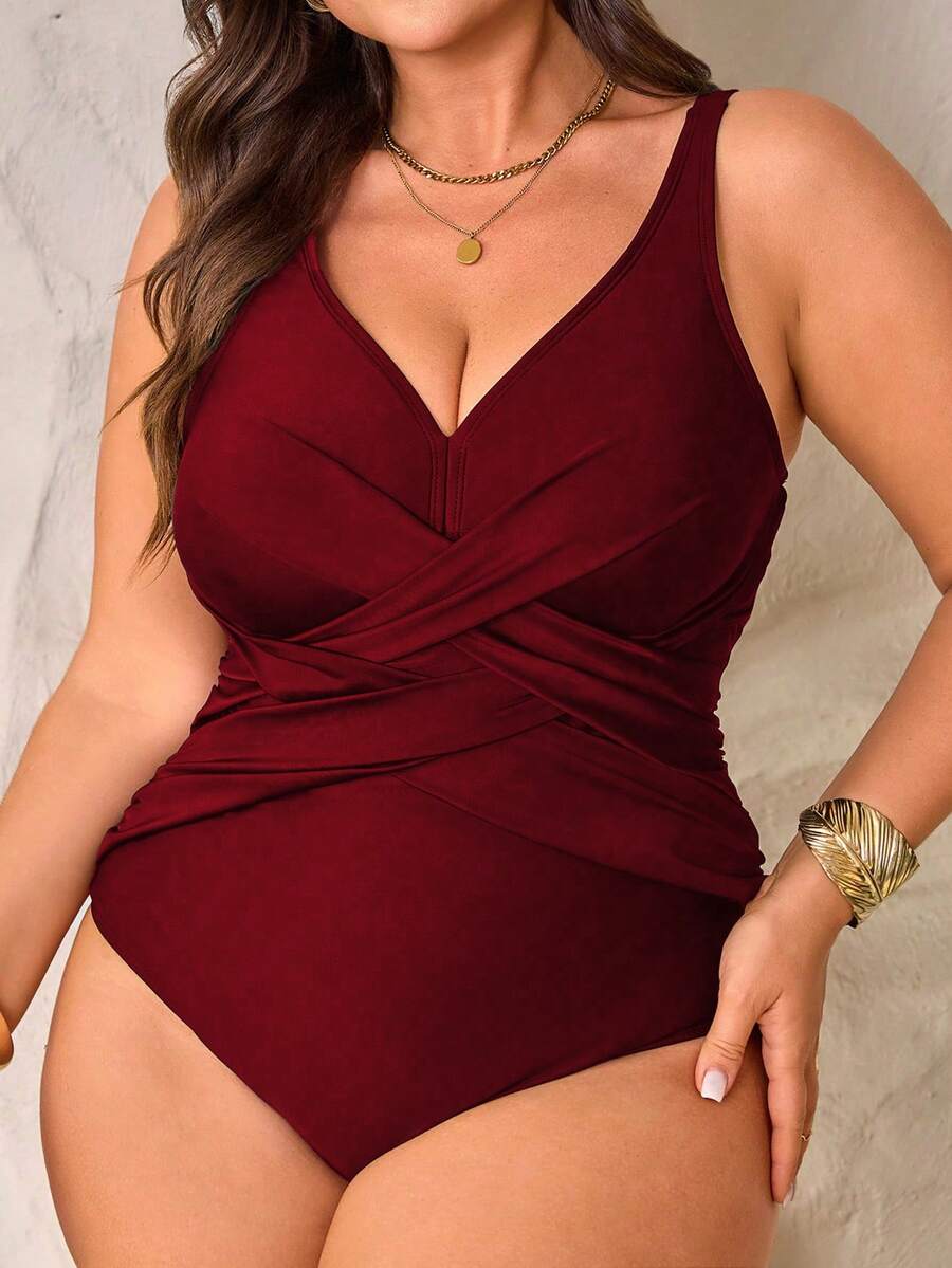SHEIN Swim Chicsea Plus Size Women One-Piece Fitted Gathered Crossover Ruched Adjustable Strap Solid Color Swimsuit - Burgundy - View 1