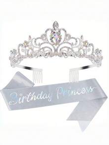 Sparkling Birthday Princess Crown With Sash – Silvery Rhinestone Tiara & Sash Set, Women's Party Decoration - View 2