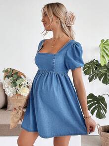 Blue Denim Maternity Short Dress With Petal Sleeves - 輕柔的洗滌 - 查看 7
