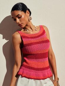 Poéselle Women's Fashion Versatile Striped Contrast Color Hollow Ruffle Hem Knit Top - Pink - View 6