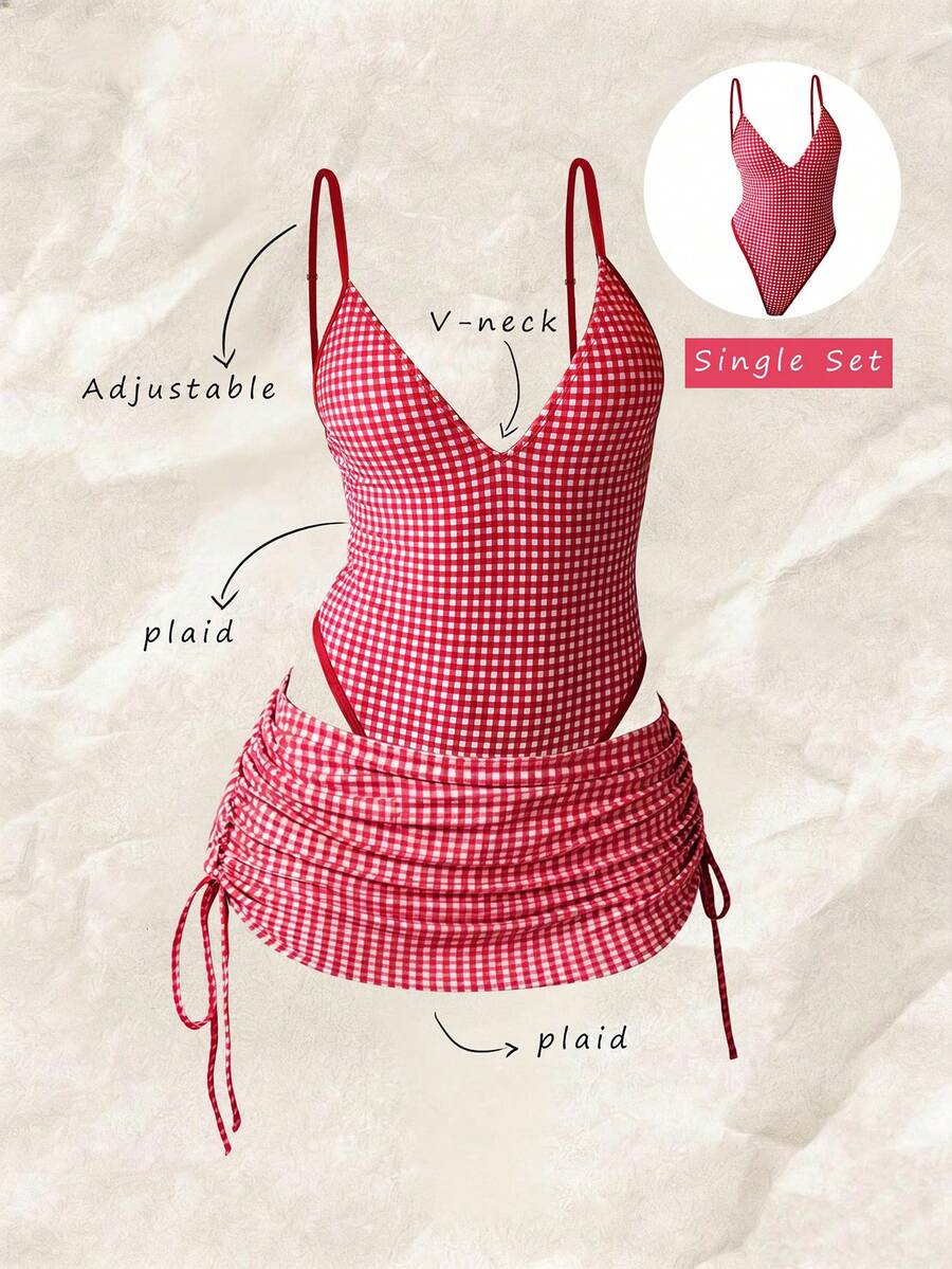 Traje de baño de una pieza con escote en V profundo y estampado aleatorio para mujer, primavera/verano - Multicolor - Ver 1