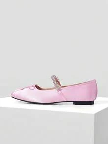 MOTF VINTAGE COMFORTABLE CASUAL RHINESTONE DETAIL BOW DECOR FLAT SHOES - Baby Pink - View 2