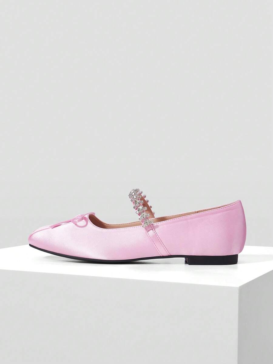 MOTF Zapatos planos vintage cómodos y casuales con detalles de strass y decoración de lazo - Rosa Pálido - Ver 2