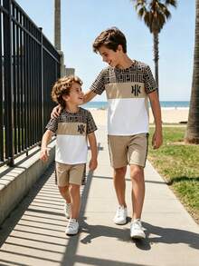 2pcs/Set Boys' Casual Contrast Color Patchwork T-Shirt Set, Comfortable Fabric, Classic & Fashionable Design Suitable For Daily, Commute, School Wear - Khaki - View 1
