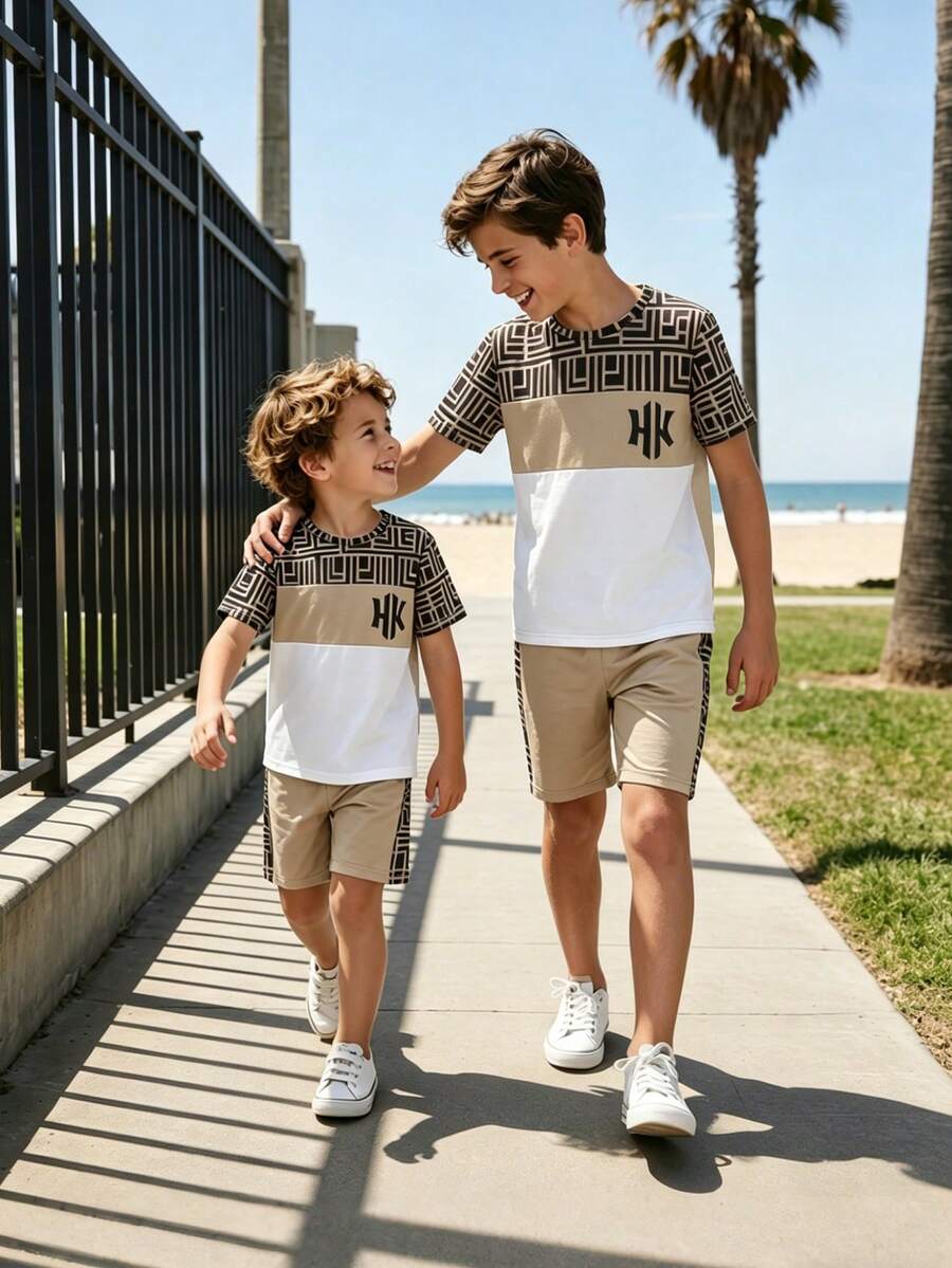 2pcs/Set Boys' Casual Contrast Color Patchwork T-Shirt Set, Comfortable Fabric, Classic & Fashionable Design Suitable For Daily, Commute, School Wear - Khaki - View 1