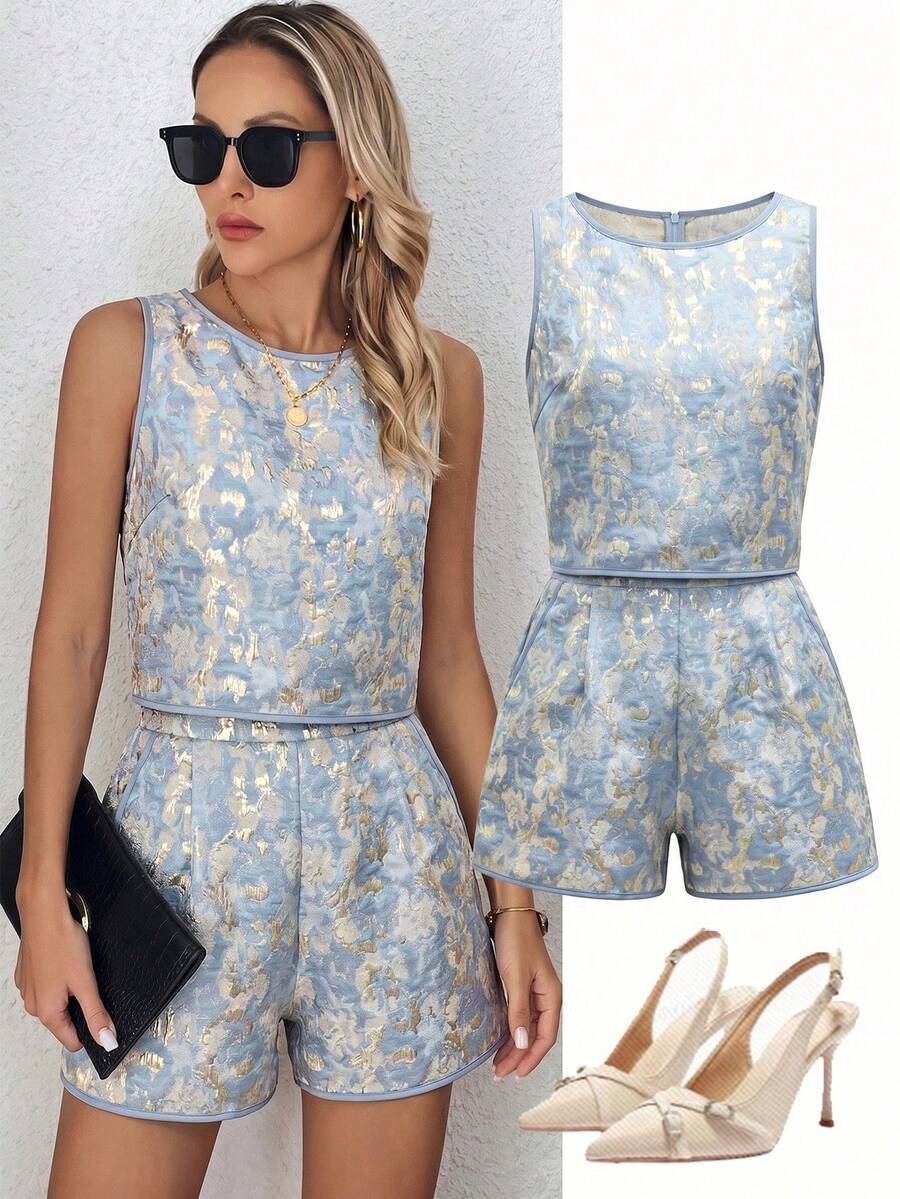 Ellevyn Textured Jacquard Sleeveless Top And Pocket Shorts Set Party Light Blue Summer Chic - Blue - View 1