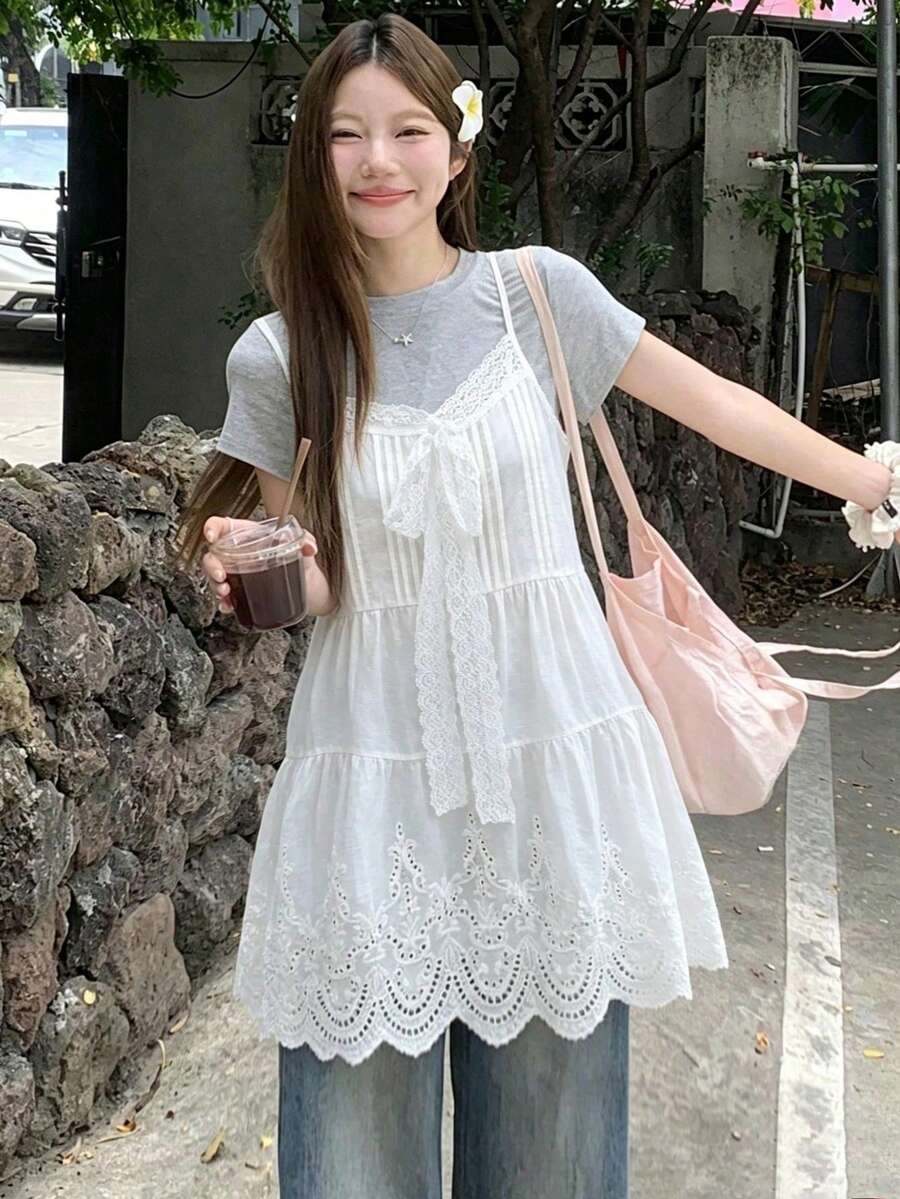 FRIFUL Women's Contrast Lace Bow Decor Casual Camisole Summer - White - View 1
