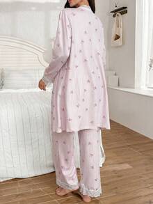 Moonlight&Mama Conjunto de pijama de maternidad con lazo a rayas y encaje en contraste, 3 piezas - Multicolor - Ver 2