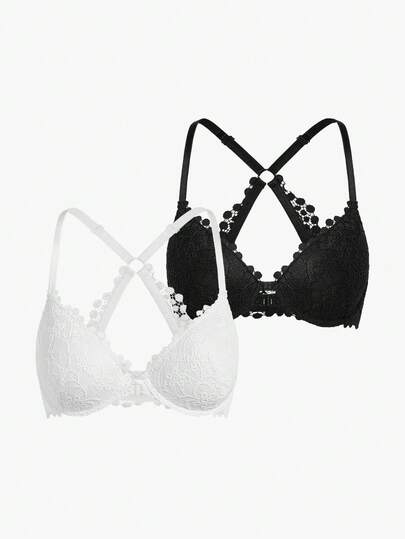 Bisouelle MIMILEMON 2pcs Women Front Closure Lace Underwire Bra - Halter Neck, Lift Up, Back Curve Shaping, Comfortable & Fashionable, Suitable For Daily And Various Stylish Outfits