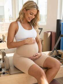 SHEIN Maternity Casual Baggy Breathable Comfortable Bermuda Shorts Photoshoot Beige Summer - Apricot - View 4