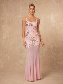 Lumalex Đầm đuôi cá cổ yếm phối lưới đính sequin mùa xuân/hè, trang phục thanh lịch màu hồng, không thể thiếu cho các bữa tiệc, sự sang trọng, quyến rũ, phong cách mới, sang trọng dành cho nữ, thích hợp cho dạ hội, tiệc tùng, tiệc chiêu đãi, kín đáo, quý phái, lấp lánh, tiệc tùng ngày lễ, lễ hội, dã ngoại, kỳ nghỉ, ngoài trời, nhiều lớp, mùa cưới, tiệc Giáng sinh, năm mới, đầm sequin hồng lấp lánh, đầm dạ hội màu hồng, đầm quyến rũ, đầm dự tiệc thắt nơ màu hồng, đầm Vegas, trang trí ngọc trai. - Hồng - Xem 2
