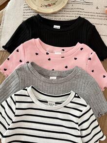LMoss Kids 4pcs Baby Girl Summer Cute Solid Color Wavy Hem Short Sleeve Top Set - Multicolor - View 4