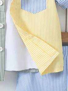 SHEIN Conjunto de camisa casual de manga corta con botones y bloques de color a rayas para niños pequeños, verano - Multicolor - Ver 4