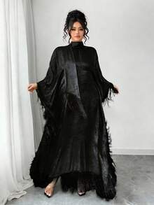 Elenzga Vestido holgado de cuello alto, diseño minimalista con parches con flecos, adecuado para ocasiones formales, tallas grandes, primavera/otoño - Negro - Ver 5