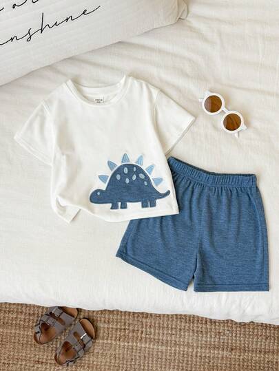 SHEIN Bộ 2 món áo thun ngắn tay và quần short thêu hình khủng long dễ thương cho bé trai/bé gái, quần áo mùa hè cho bé trai.