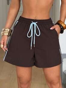 Coolane Pantalones cortos casuales y versátiles para uso diario con cintura con cordón y bolsillos para mujer - Verde militar - Ver 5