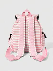 ROMWE Anime 1 Stück rosa und weiß Punk College Stil Katzenpfoten Abdruck Knochen Stern kontrastfarbiger Streifen Multi-Taschen Rucksack, Mode und Lässig Unisex Rucksack mit großer Kapazität, geeignet für Pendeln und Schule - rosa weiß - Übersicht 2