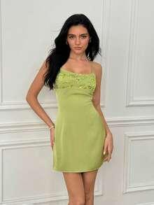 SHEIN Apple Green Sequin Beaded Mesh Patchwork Satin Camisole Mini Dress, Women's Summer Fresh Slimming Satin Mini Dress, Suitable For Vacation, Date, Best Friend Gathering, Graduation Party, Party Outfit - Green - View 1