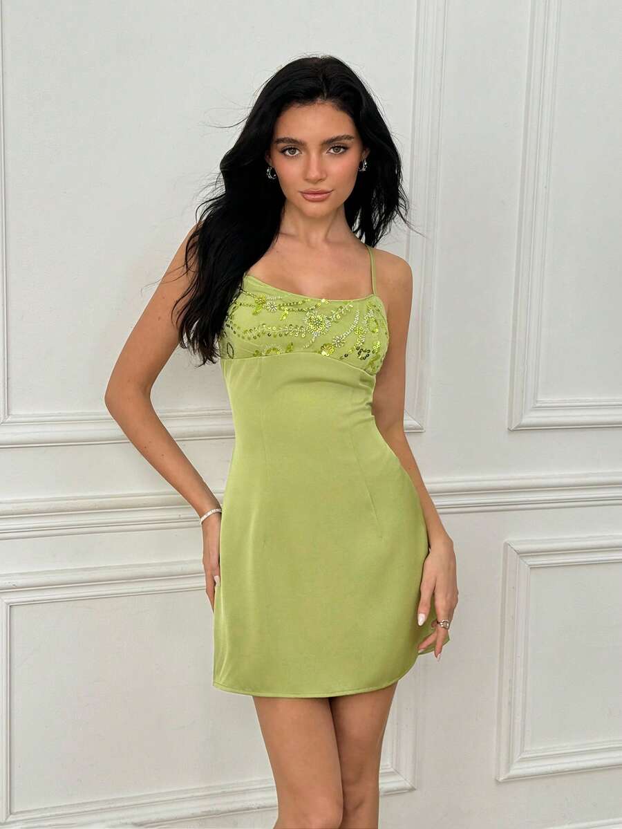 SHEIN Apple Green Sequin Beaded Mesh Patchwork Satin Camisole Mini Dress, Women's Summer Fresh Slimming Satin Mini Dress, Suitable For Vacation, Date, Best Friend Gathering, Graduation Party, Party Outfit - Green - View 1