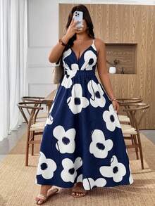 Weeklong Plus Size Women's New Arrival Tropical Print Sleeveless Off-Shoulder Spaghetti Strap Waist Cinched Flowy Maxi Dress, Loose Casual Vacation Beach Travel Fashion Sexy Elegant Summer Dress - Royal Blue - View 5