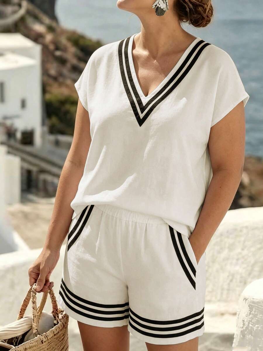 Linhara CURVE Conjunto de dos piezas casual de verano para mujer de talla grande, tejido - Albaricoque - Ver 1