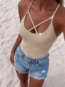 SHEIN VaVaLuxe Ribbed Hollow-Out Criss-Cross Camisole - Apricot - View 4