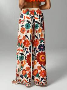 SHEIN Tall CURVE CURVE Plus Size Women's Tall Floral Print Drawstring High-Waisted Wide Leg Pants,Beige Summer Boho Beach Holiday Casual Loose Outfits For Long Legs - Multicolor - View 5