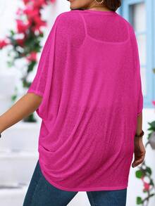 Miaspire Plus Size Vacation Solid Color Asymmetric Hem Batwing Sleeve Casual Jacket,Spring/Summer Fall - Hot Pink - View 4