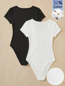 SHEIN EZwear Bộ 2 món áo liền thân nữ kiểu dáng tối giản, cổ tròn, tay ngắn. - màu đen - Xem 2