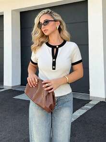 Elnivra Women's New Round Neck Contrast Trim Half-Placket Metal Button Short Sleeve Fitted Cropped Top - Black and White - View 9