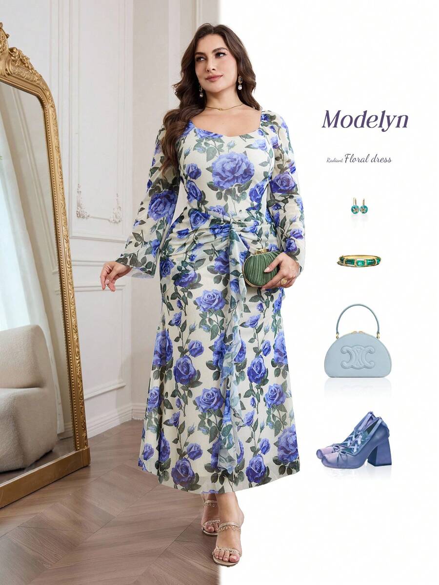 Modelyn Robe de vacances à encolure carrée, manches évasées et froncée à fleurs pour femmes, grande taille - Multicolore - Voir 1