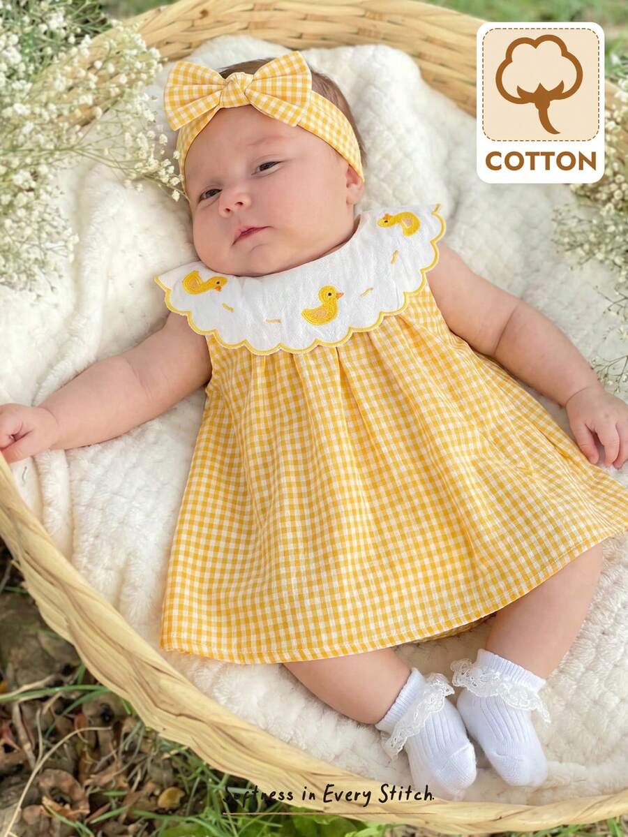 Cozy Pixies Newborn Baby Girl Cartoon Duck Pattern Contrast Color Round Neck Sleeveless Dress - Yellow - View 1