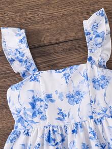 Emery Rose Kids Emery Rose Kids 女童雪纺碎花方领荷叶边下摆休闲连衣裙 - 藍白色 - 查看 5