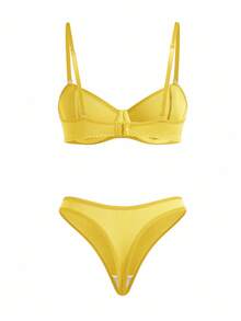 Chillnights Set de 2 sujetadores para mujer con aros, copa media, elevación y recogida, minimalista, cómodo, con alta elasticidad y alto soporte - Amarillo - Ver 2