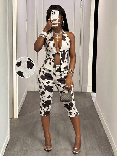 Slaydiva Áo kiểu denim cỡ lớn in họa tiết toàn thân, cổ yếm, gợi cảm, khoét eo