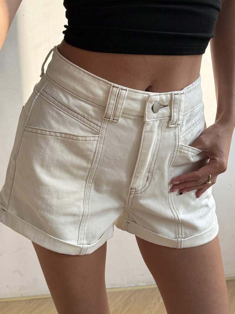 Women's Summer Low Waist Short Cuffed Decorative Seam Casual Denim Shorts Jorts