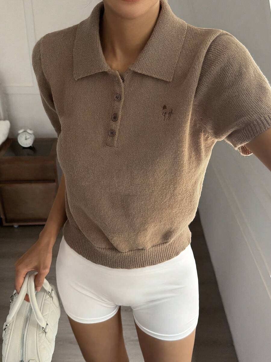 女士翻领短袖休闲优雅针织上衣 - 棕色 - 查看 1