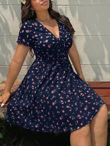 Solflare Plus Size Multicolor Ditsy Floral Casual Dress For Women - Navy Blue - View 7