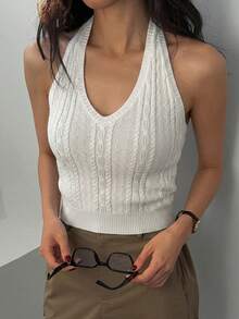 DAZY 女款純色修身掛脖休閒街頭無袖針織背心 夏季 - 米色 - 查看 3