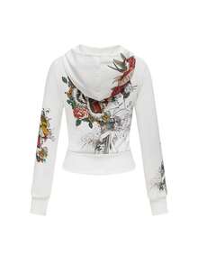 ROMWE J-Fashion Y2K Subculture Neo-Chinese Style Geisha Tiger & Rose Print Fitted Sweatshirt For Women - White - View 2