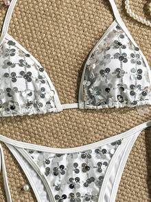 Costavie Bộ đồ bơi 2 mảnh, áo ngực tam giác buộc dây bên hông, chất liệu sequin kim loại lấp lánh, kiểu dáng gợi cảm dành cho nữ, thích hợp cho mùa xuân/hè. - trắng - Xem 4